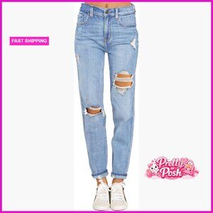 Stretch High Waisted Ripped Boyfriend Jeans Relaxed Fit Distressed